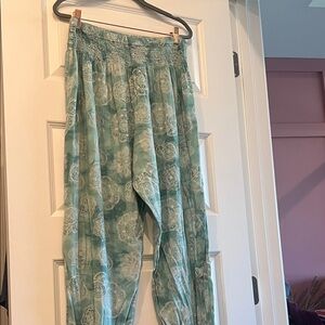 Lotus and Luna Smocked Waist Aquamarine Medallion Harem style pants